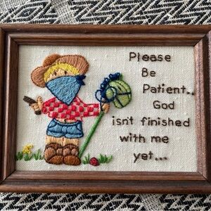 vintage, framed Jiffy Stitchery crewel embroidery, titled "Please Be Patient"